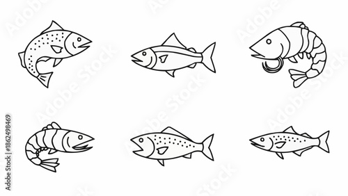 Collection of hand drawn seafood icons including fish and shrimp.