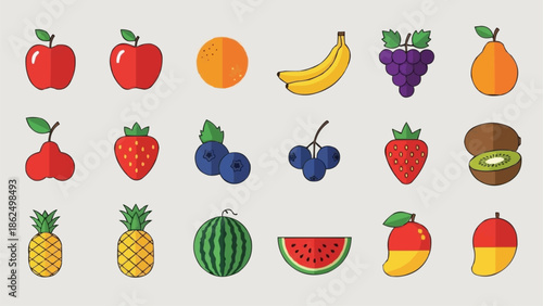 Collection of colorful fresh fruit icons isolated on white background.