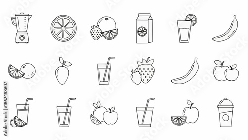 Collection of fresh fruit and juice icons in a simple line art style.