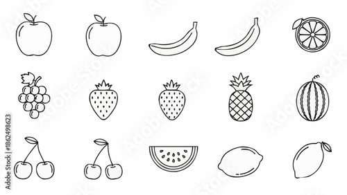 Collection of Hand Drawn Fruit Icons in Outline Style.