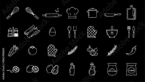 Collection of hand drawn kitchen utensils and food ingredients.