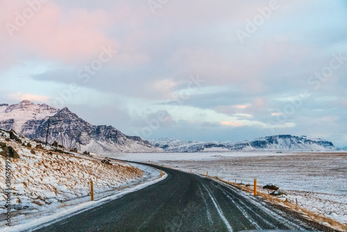 First person perspective of driving along iceland's main highway, along the south coast.