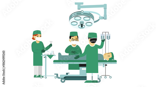 Illustration of surgeons performing surgery with a patient on the operating table in a hospital