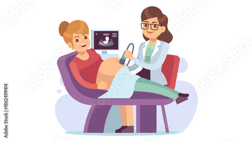 A pregnant woman getting an ultrasound examination by a doctor in a medical office with a purple chair and a calm mood.