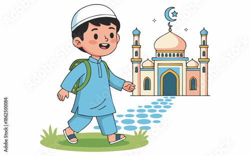Cute cartoon illustration of a Muslim boy walking towards the mosque.