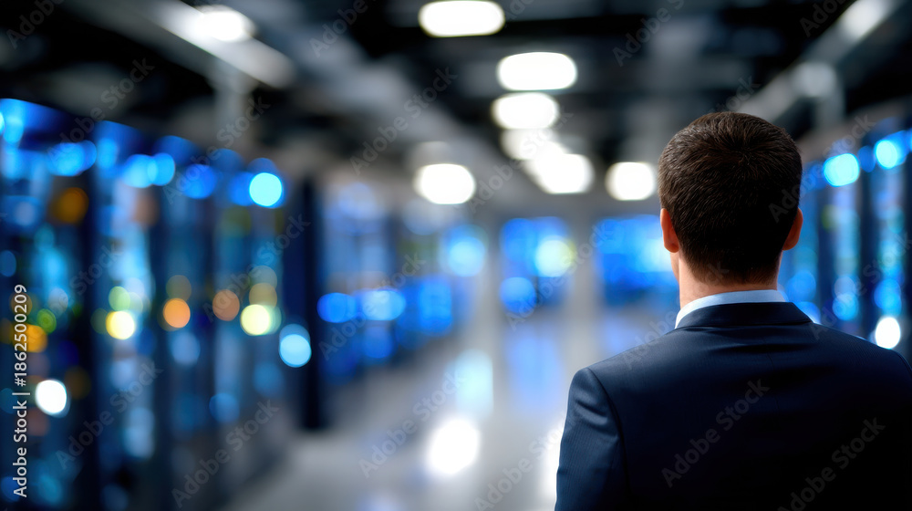 Fototapeta premium Businessman data center server room technology network rack IT professional blue lighting