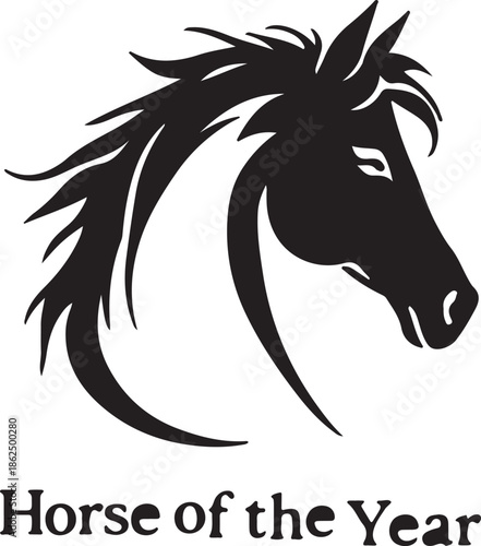 Horse of year silhouette logo with stallion head profile and flowing mane for equestrian sport award