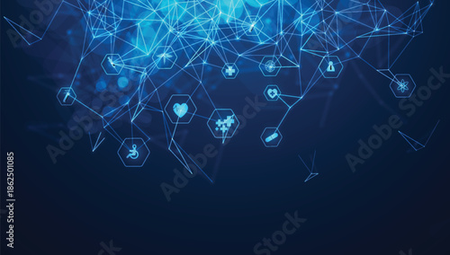 Digital Network Connection with Abstract Polygonal Shapes and Glowing Lines.