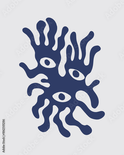 Abstract illustration of eyes and tentacles stencil on a neutral background from a frontal viewpoint editable