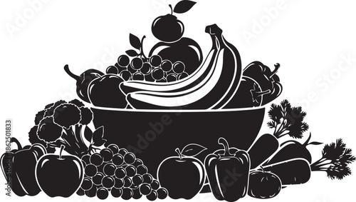 A black and white illustration of fresh fruit and vegetables