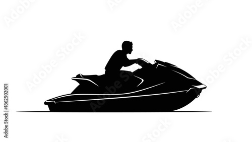 Silhouette of a person riding a jet ski on a white background