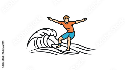Dynamic cartoon illustration depicting an agile male surfer expertly riding a powerful ocean wave, showcasing exhilarating water sports action and a vibrant summer beach lifestyle