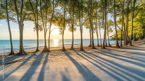 Tall trees on a sandy beach at sunrise with calm sea