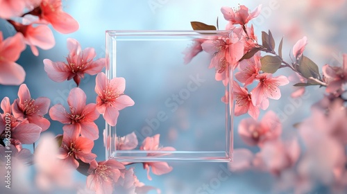 Transparent glass frame surrounded by delicate pink cherry blossoms