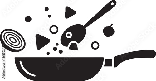 A black and white illustration of a frying pan with food flying out