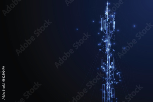 Digital Telecommunication Tower with Glowing Connections and Data Flow.