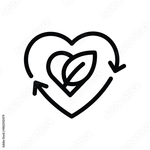 Minimal line icon of a recycling heart outline with a leaf inside symbolizing love for the environment sustainability eco awareness and green lifestyle in clean vector style