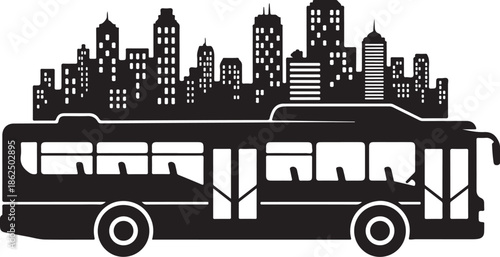A black silhouette of a city bus driving through an urban landscape