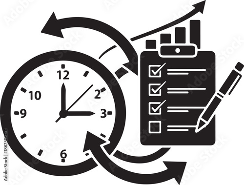 A black and white illustration of a clock and checklist with a pen
