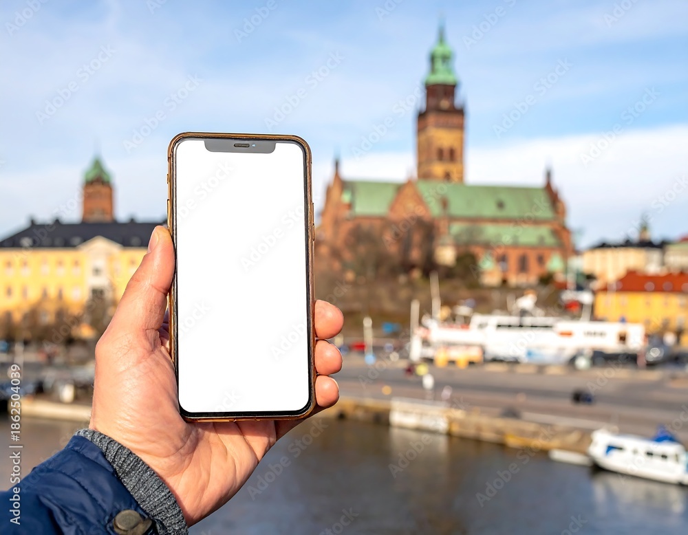 Naklejka premium Hand holds blank phone in front of cityscape with a historic church in background