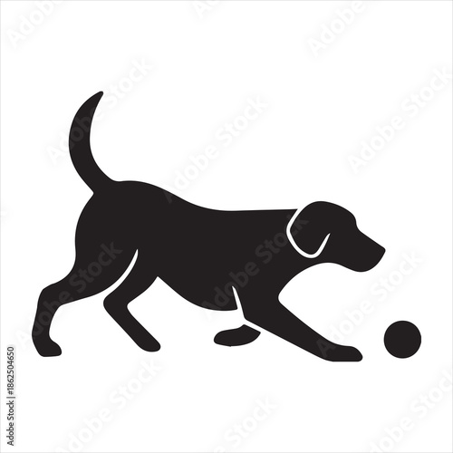 Silhouette dog playing with a ball black and white vector illustration