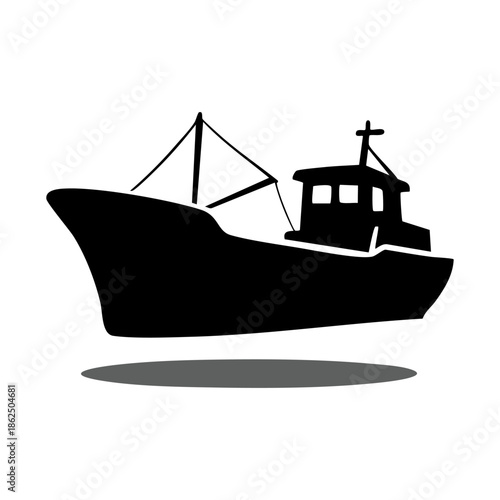 Black Silhouette of Fishing Boat Vessel.