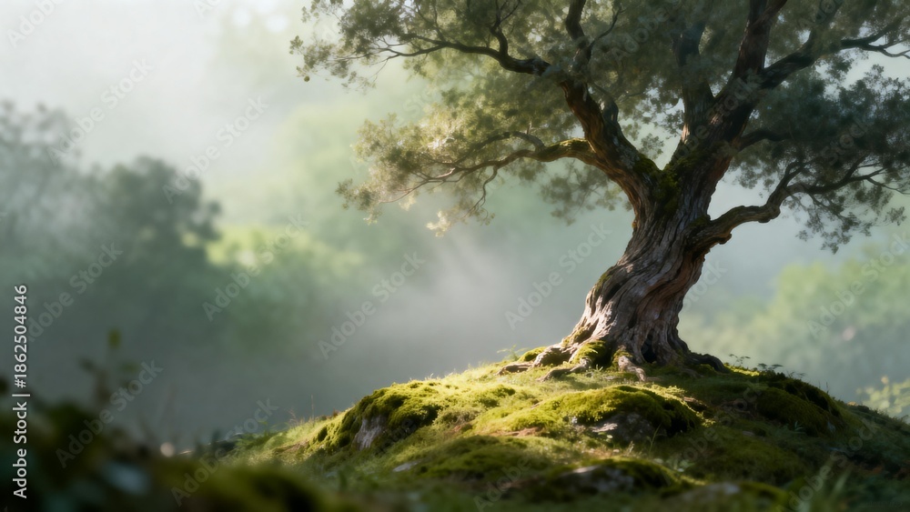 Obraz premium Misty tree on mossy hill