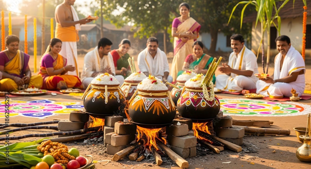 Fototapeta premium Traditional Indian Pongal Festival Cooking Ritual with Family and Community Gathering