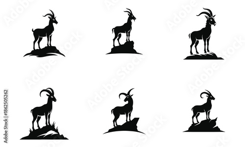 Vector Silhouette Set of Mountain Goats and Ibex Standing on Rocky Peaks.