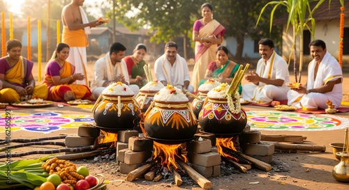 Traditional Indian Pongal Festival Cooking Ritual with Family and Community Gathering