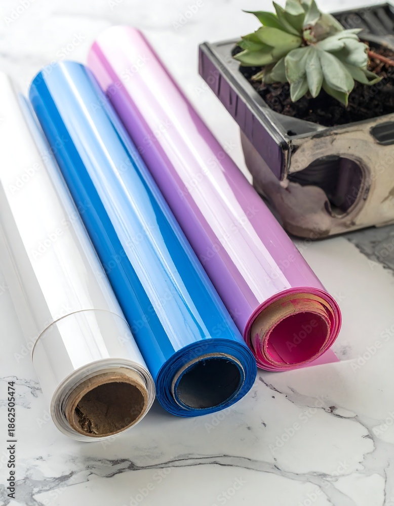 Fototapeta premium Close-up of glossy, colorful film rolls resting on a marble surface next to a succulent plant in a small container