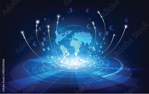 Global digital network with currency symbols and glowing connections around the world.
