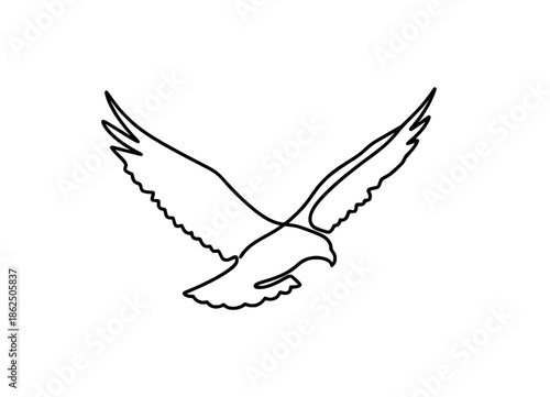 Minimalist continuous line art drawing of a majestic bird of prey soaring with broad outstretched wings, perfect for vector graphic design projects