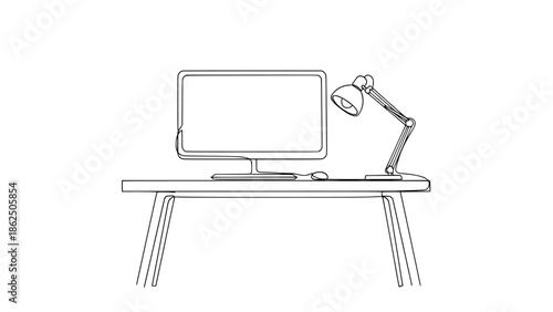 Minimalist continuous line drawing art featuring a modern desktop computer monitor, adjustable desk lamp, and peripheral mouse resting upon a simple workstation table.