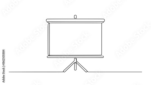 Minimalist single line drawing illustration of a portable projection screen or presentation display device standing ready for visual content