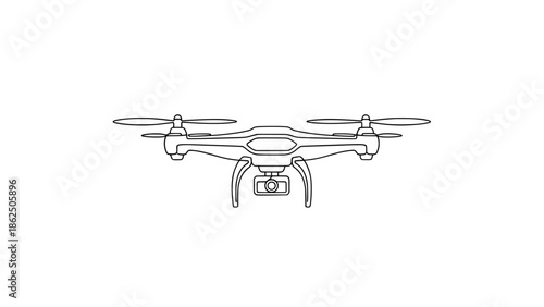 Simple line art illustration of a quadcopter drone featuring four spinning propellers and a mounted camera system for aerial photography and video capture