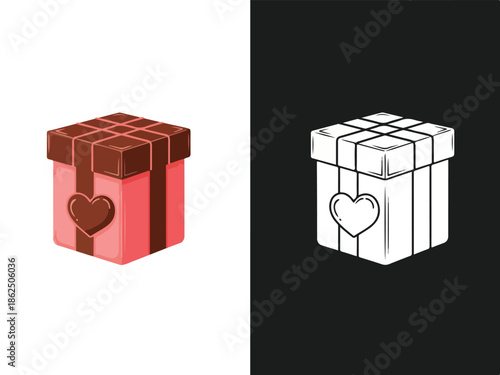 Colorful 3D illustration of two gift boxes with hearts on them, one red and one white, against a split white and black background, perfect for Christmas or Valentine's Day.