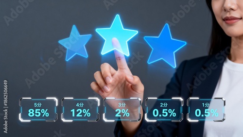 Woman interacting with digital star rating interface