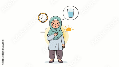 Flat vector illustration of a young Muslim girl feeling very thirsty towards the end of the fasting day, waiting for the maghrib time during Ramadan