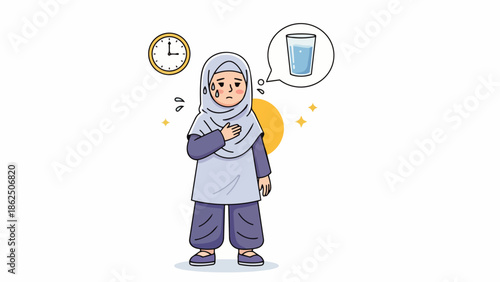 Flat vector illustration of a young Muslim girl feeling very thirsty towards the end of the fasting day, waiting for the maghrib time during Ramadan