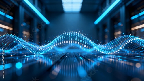 Digital binary wave in futuristic corridor