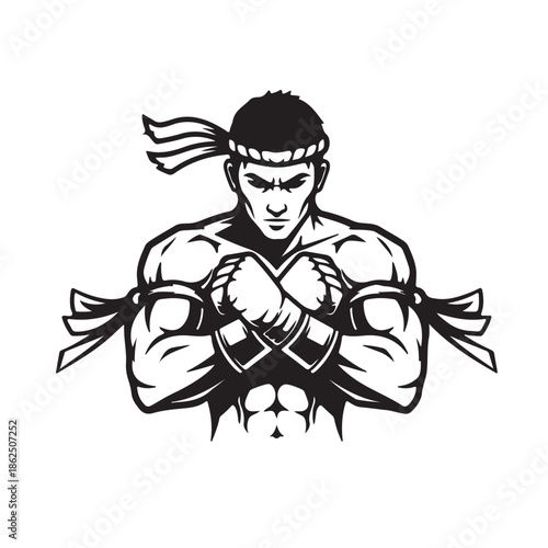 A muscular cartoon man with a headband and tied wrists