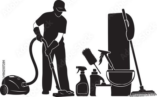 A silhouette of a man cleaning with tools