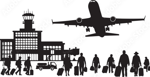 A black silhouette of people with luggage at an airport with a plane taking off