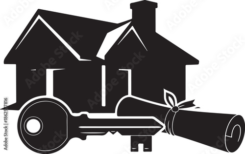 A black and white illustration of a house key