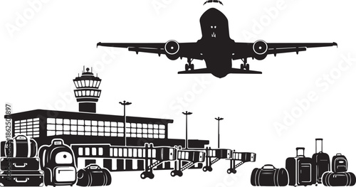 A black and white illustration of an airplane landing at an airport with luggage