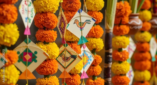 Colorful Makar Sankranti Decoration with Paper Kites and Marigold Flower Garlands