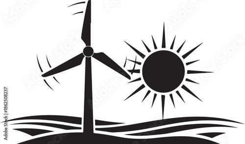 A black and white illustration of a wind turbine