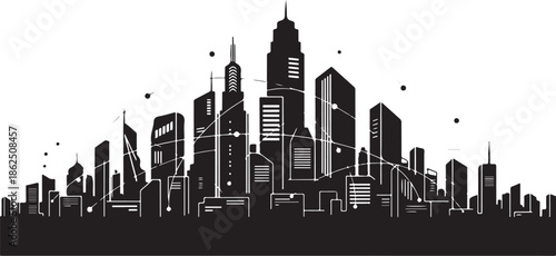 A sleek and modern city skyline at dusk