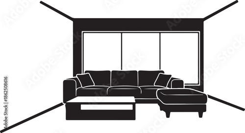 A modern living room with a black and white sectional sofa